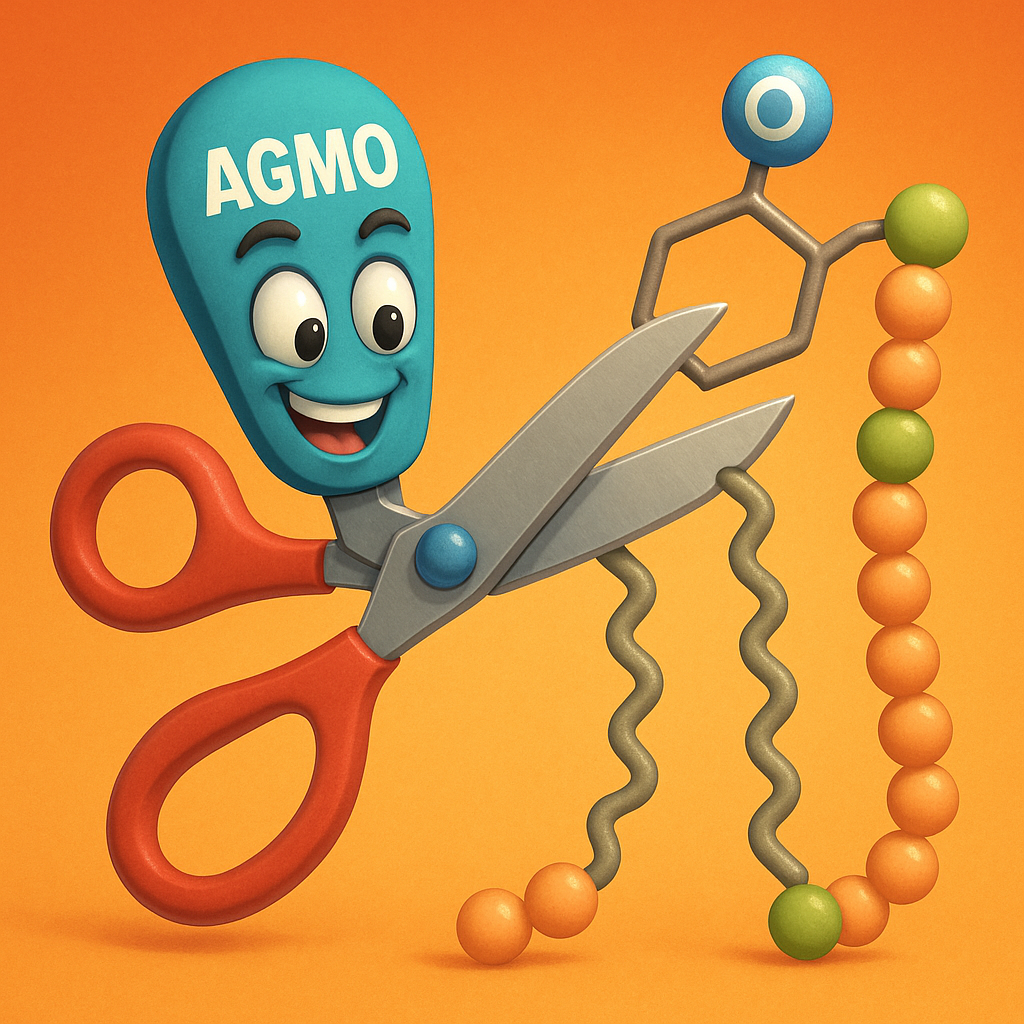 Illustration of AGMO depicted as scissors cutting ether lipid chains.