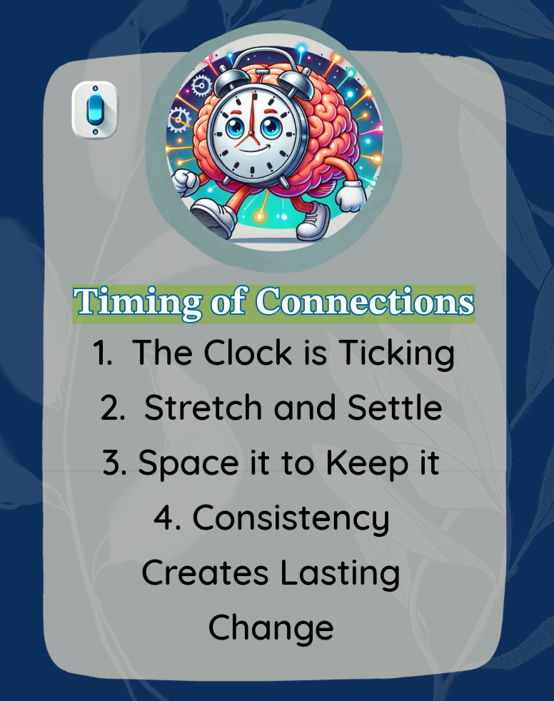 Illustration of a brain with a clock face running, surrounded by colorful lights and gears, on a blue background with a title 'Timing of Connections' and a list outlining steps for maintaining connections.