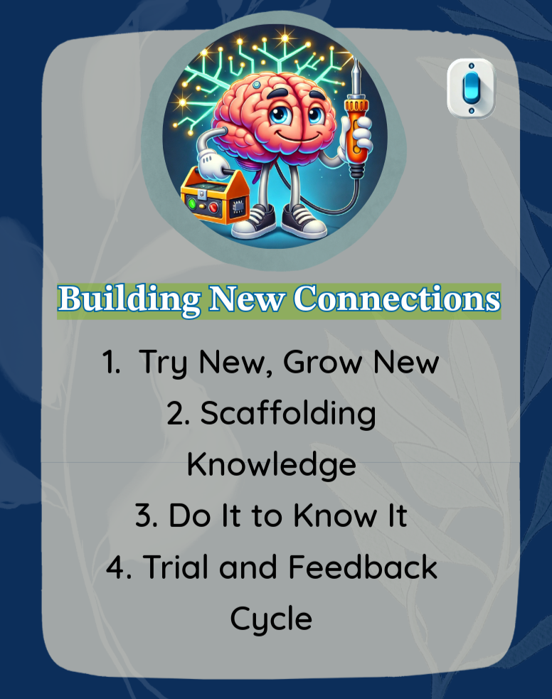 A cartoon brain character holding a syringe and a toolbox, with electrical circuitry in the background, associated with building new connections.
