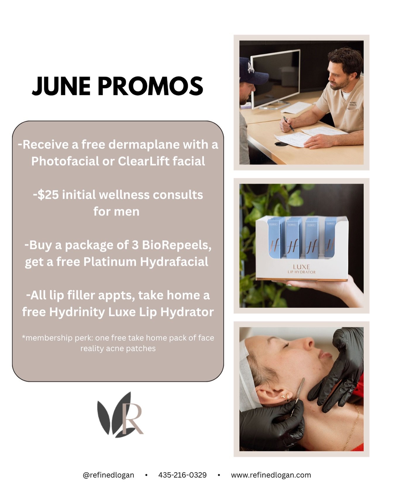 JUNE PROMOS

Ready for glowy, summer skin? Father&rsquo;s Day? We&rsquo;ve got you covered!

-Receive a free dermaplane with a Photofacial or ClearLift facial (saves you $40)

-$25 initial wellness consults for men with @brad.bybee.pa (regularly $75)