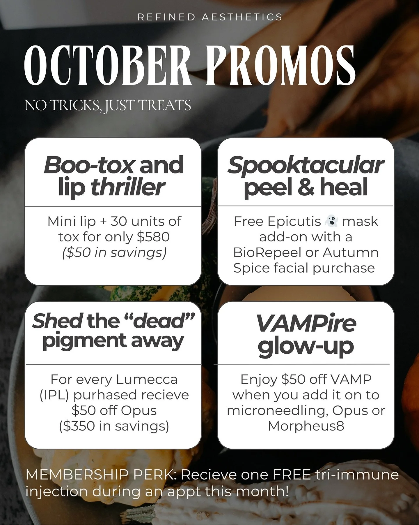 ✨👻 October is here&hellip; and so are the skin treats! No tricks, just glowing deals all month long at Refined 🎃

💉 Boo-tox &amp; Lip Thriller
Mini lip + 30 units of tox for only $580 ($50 savings) *must be used in the same appt

🕸️ Spooktacular 