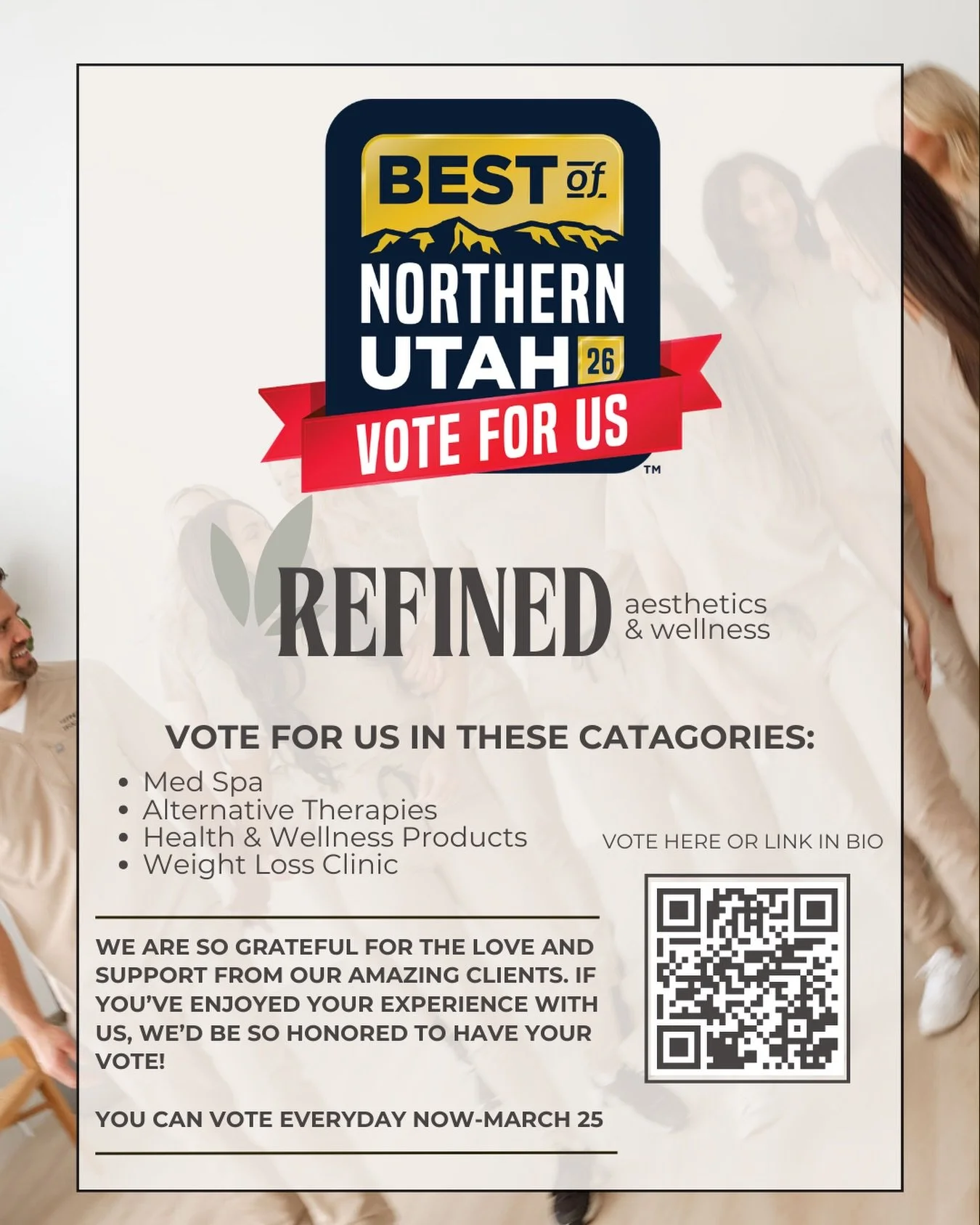 We&rsquo;re so excited to be nominated for Best of Northern Utah 2026 🤍

If you&rsquo;ve loved your experience with us at Refined Aesthetics &amp; Wellness, we would be so grateful for your vote!

You can vote every day through March 25 in the follo