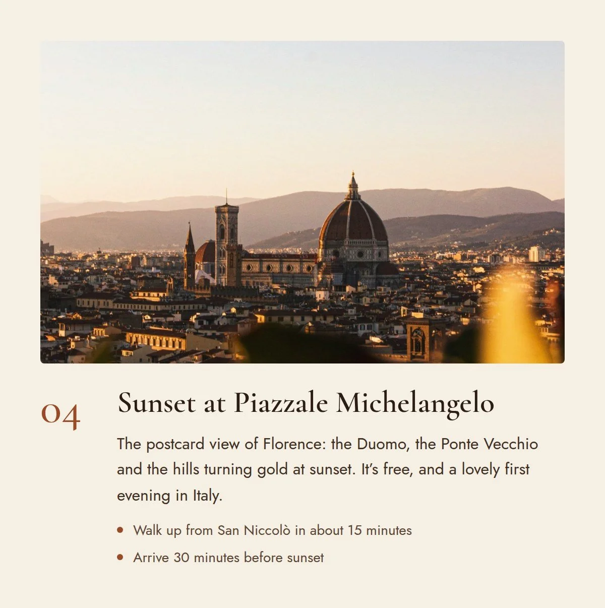 The Florence skyline and Duomo at golden hour, seen from Piazzale Michelangelo