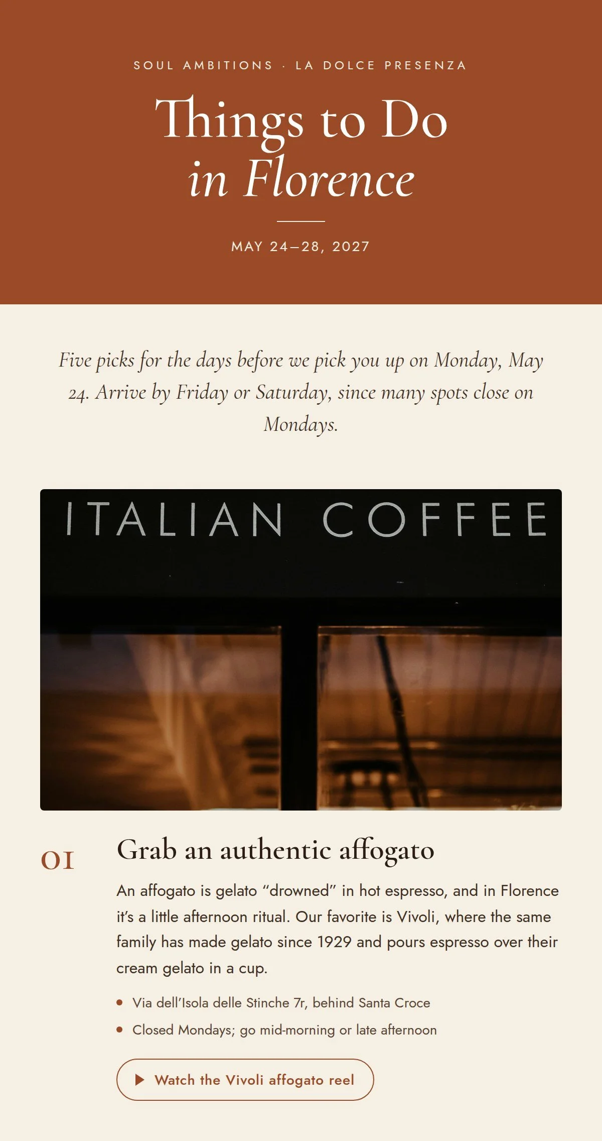 Things to do in Florence, Italy: an Italian coffee bar window, for an authentic affogato at Vivoli and the Vivoli affogato reel