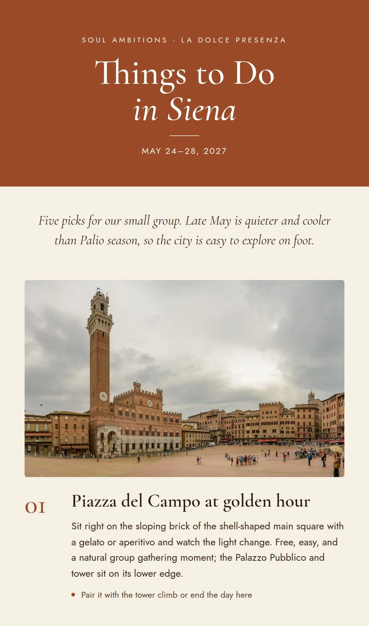 Things to do in Siena, Italy: golden hour on the Piazza del Campo with the Torre del Mangia and Palazzo Pubblico