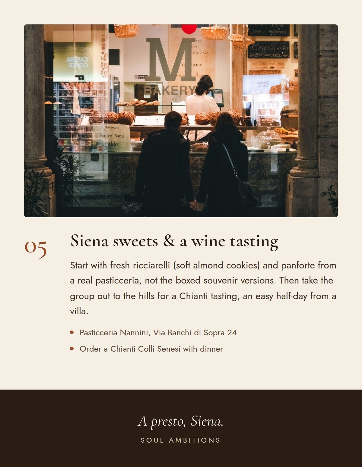 A Siena bakery window glowing at night, a sweet stop for local treats before a Chianti tasting in Tuscany