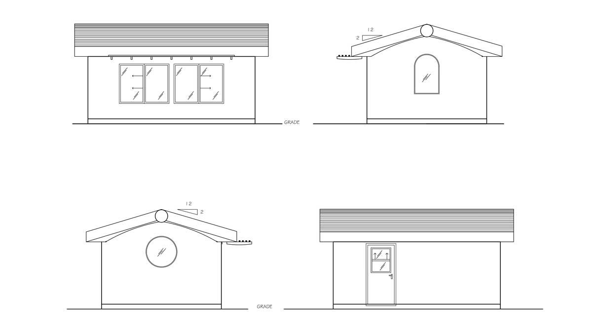 Straw bale house plans showing elevations.