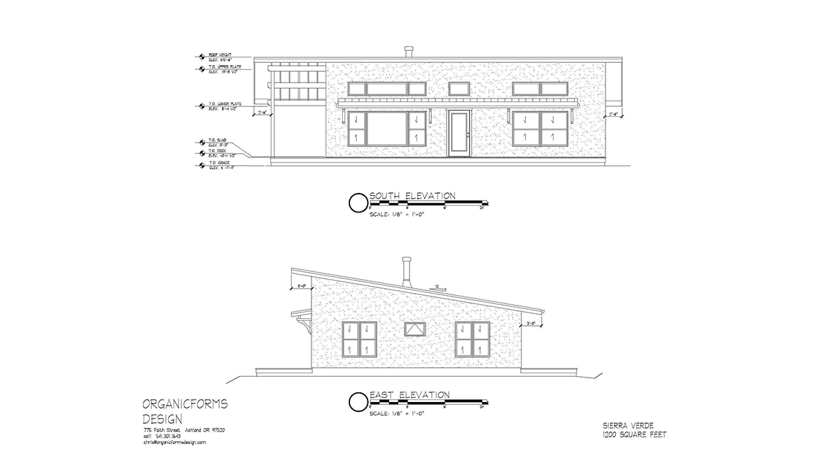South and east elevation drawings from a popular straw bale house plan set