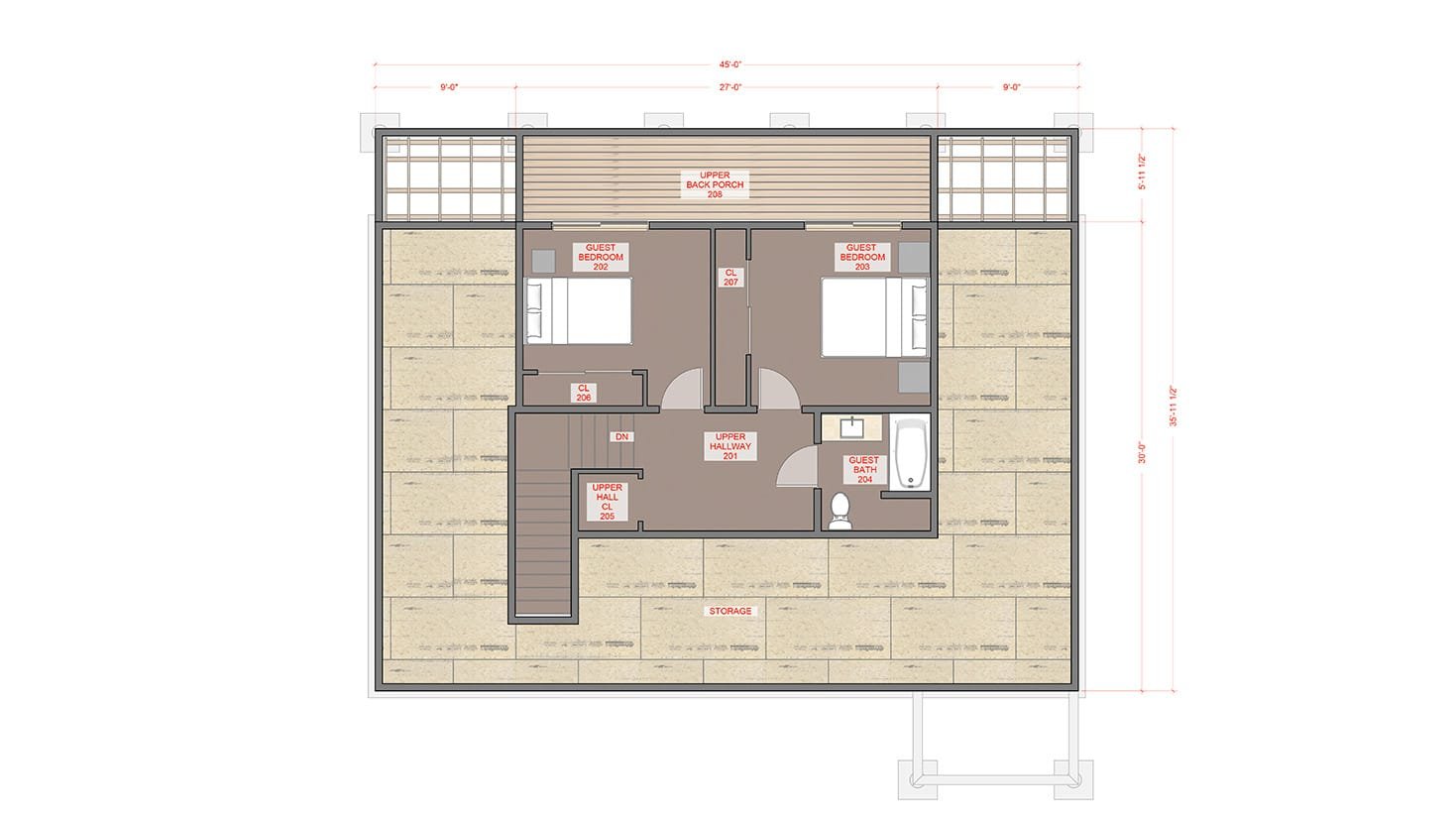 Straw bale house plan including second floor design and furnishings.