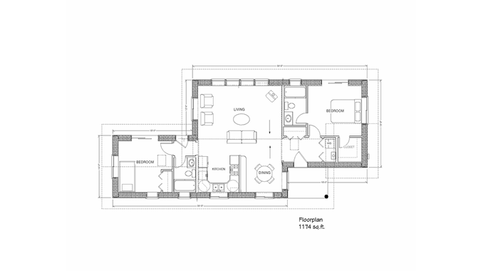 1140 sqft single story straw bale house plan.
