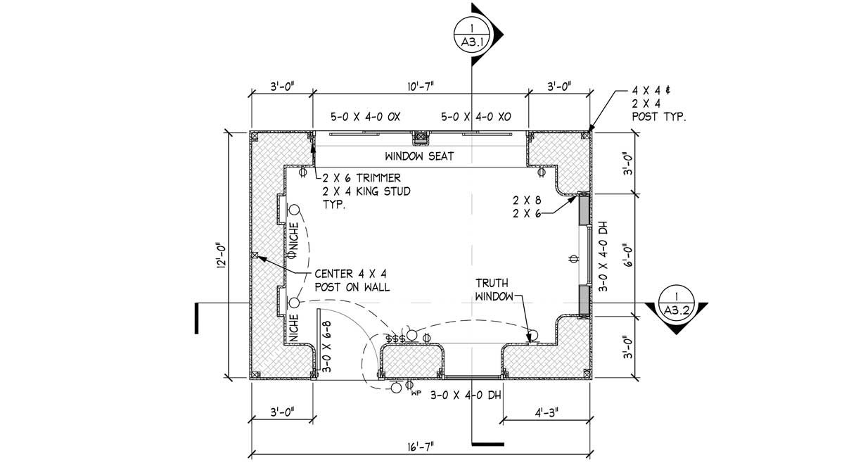 Small cabin straw bale house plan with open concept.