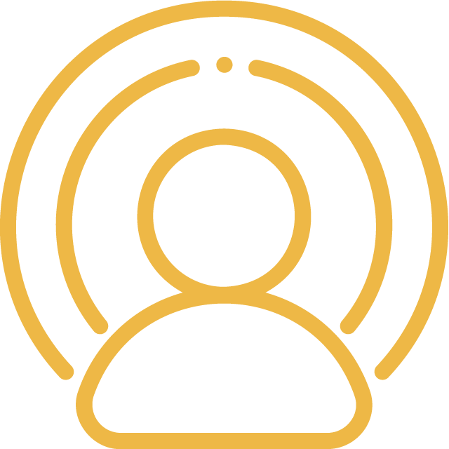 Gold outline of a person with concentric circles around the head, representing a user or profile icon.