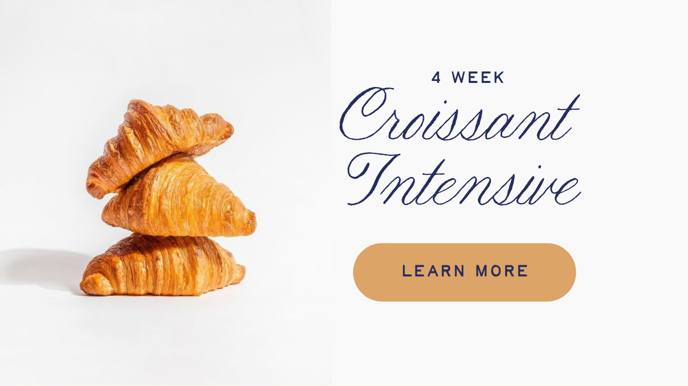 Three croissants stacked on top of each other on a white background, with text announcing a 4-week croissant intensive class and a "Learn More" button.
