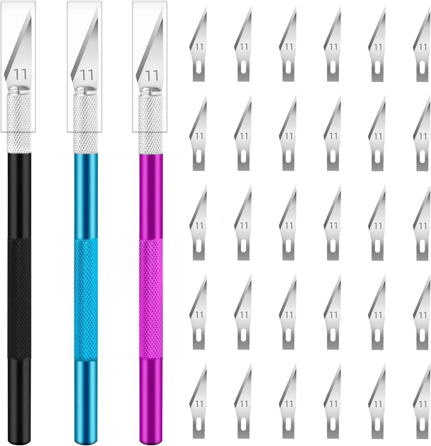 Set of precision craft knives with colored handles (black, blue, pink) on a white background, each with a silver blade marked with the number 11, arranged in a grid pattern.