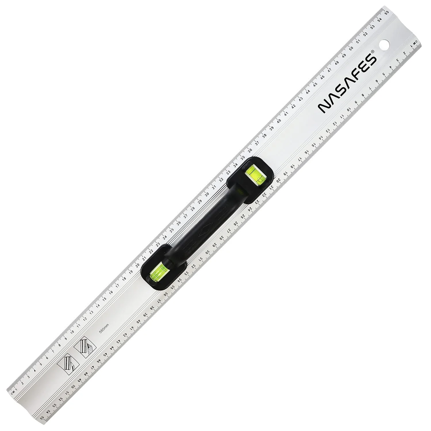 A metal ruler with a black spirit level attached, displaying green liquid-filled vials for measuring levelness, branded with NASA logo.