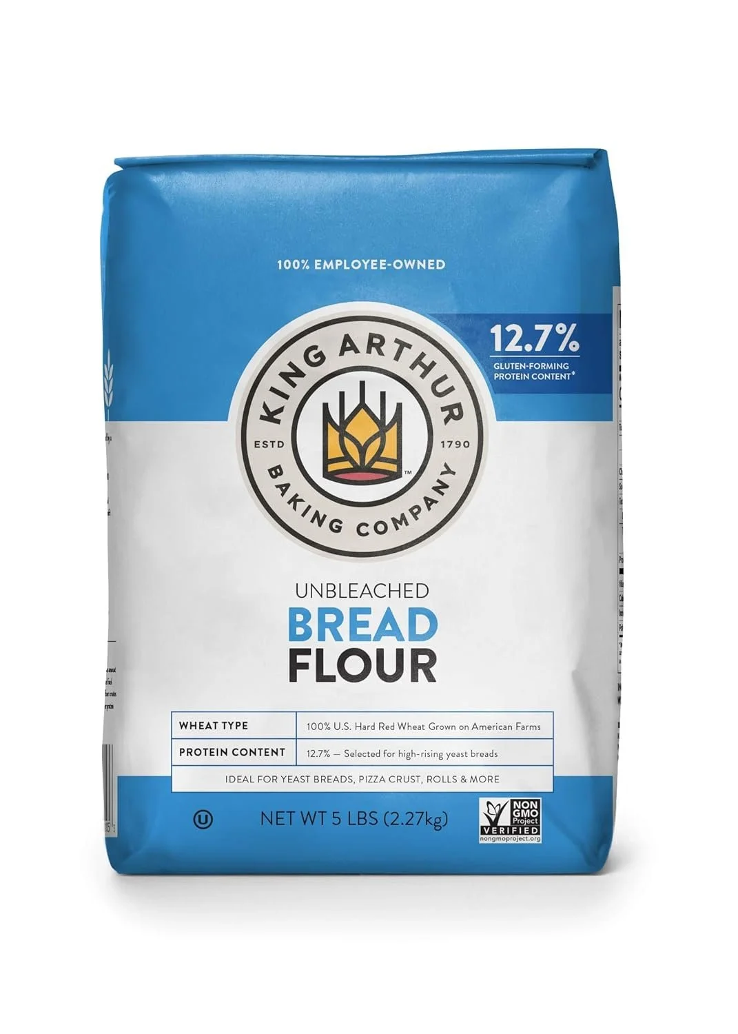 Blue and white bag of King Arthur unbleached bread flour with logo, product details, and weight.