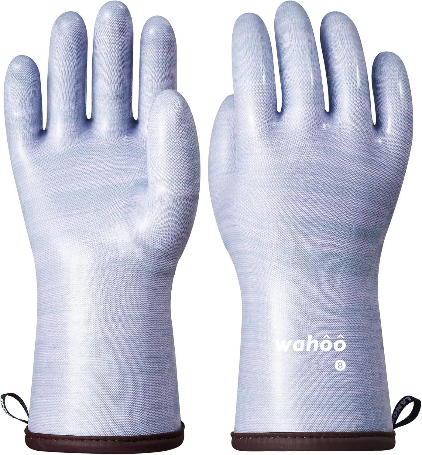 A pair of white work gloves with black elastic wristbands and a logo that says 'wahôô' on the right glove.
