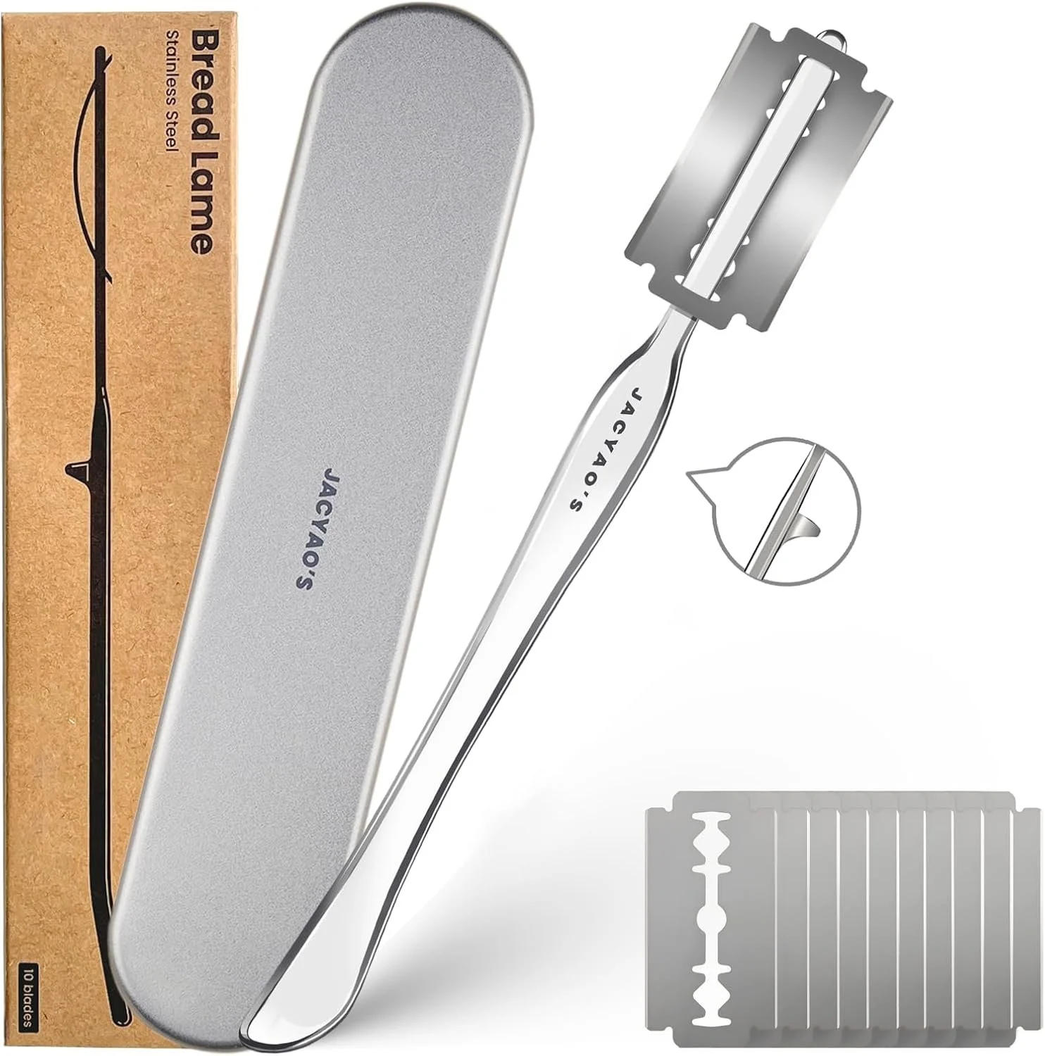 A safety razor set with a silver razor handle, a razor blade cartridge, a blade guard, and a cardboard box.