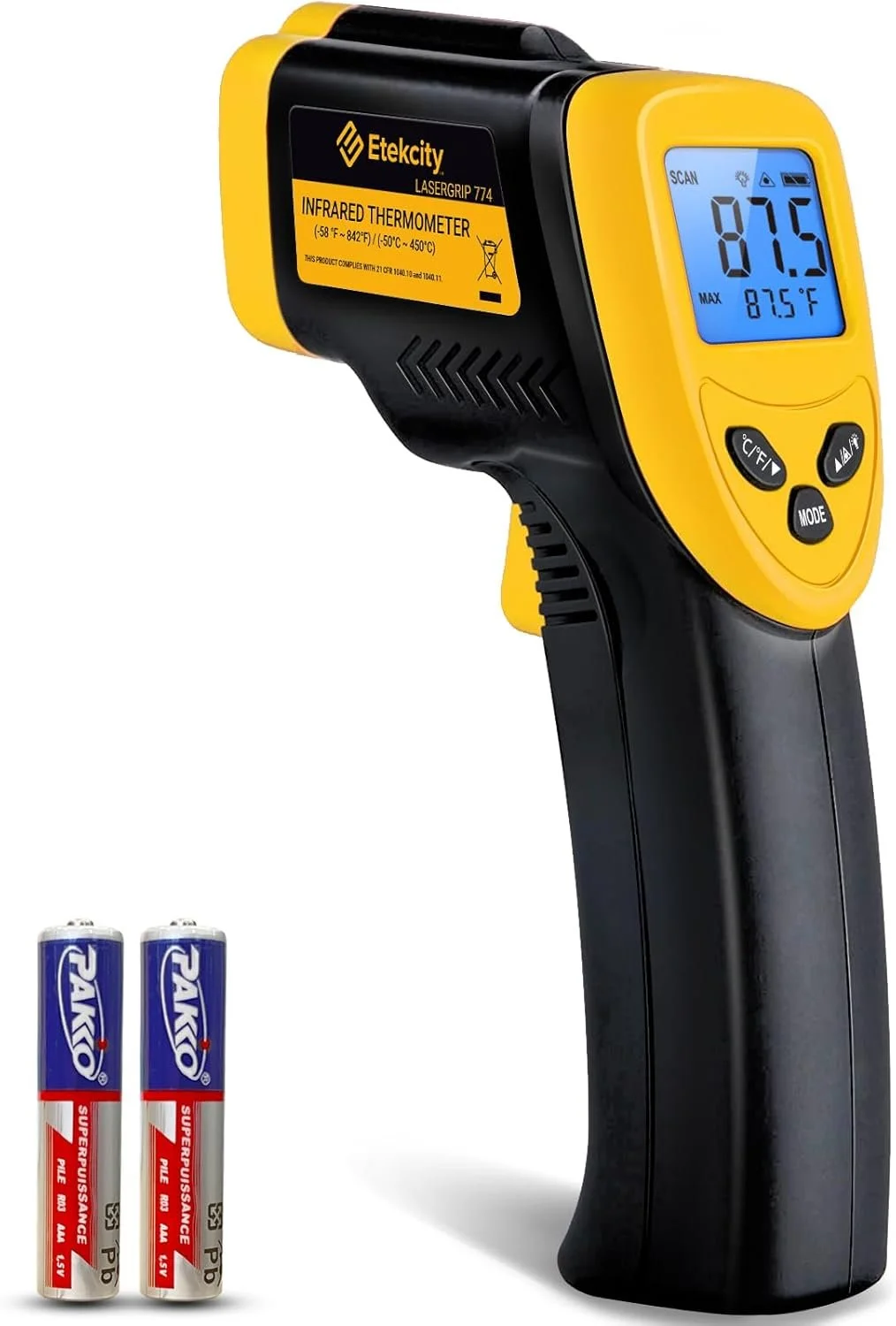 Infrared thermometer gun displaying a temperature of 81.5°F, with two AA batteries placed beside it.