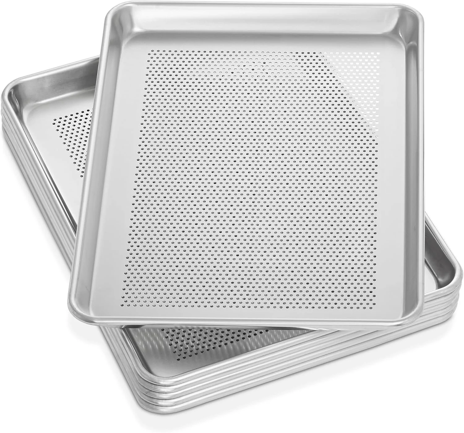 Stacked metal baking sheets with perforated surfaces designed for cooking or baking.