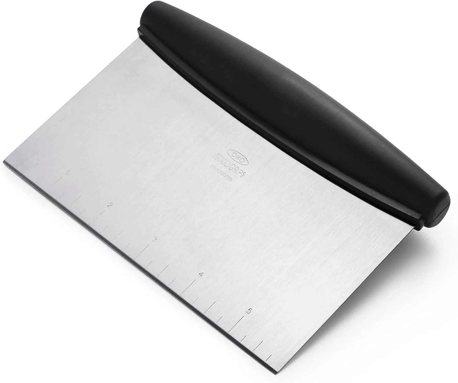 A stainless steel paper cutter with a black handle and a marked cutting edge.