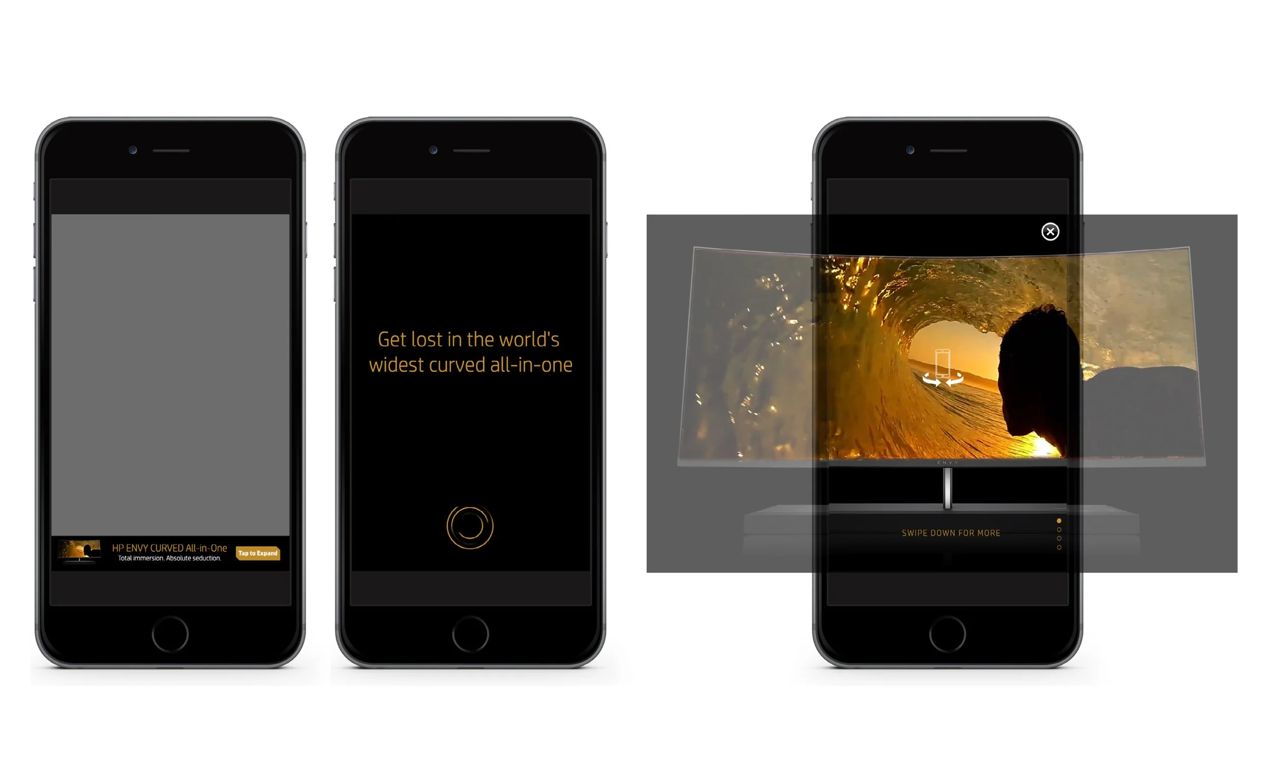 Three smartphones displaying an advertisement for HP Envy Curved All-in-One. One phone shows the text, “Get lost in the world’s widest curved all-in-one,” while another displays the bottom of a wave and a surfer. The first phone shows a call-to-action to expand the ad.