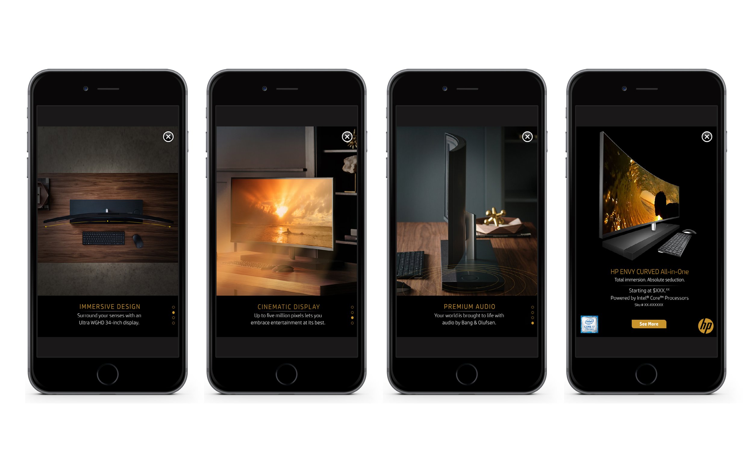 Four smartphones displaying advertisements for the HP Envy Curved All-in-One desktop computer, highlighting features like immersive design, cinematic display, and premium audio by Bang & Olufsen. The ads emphasize the Ultra WQHD 34-inch display and are powered by Intel Core processors.