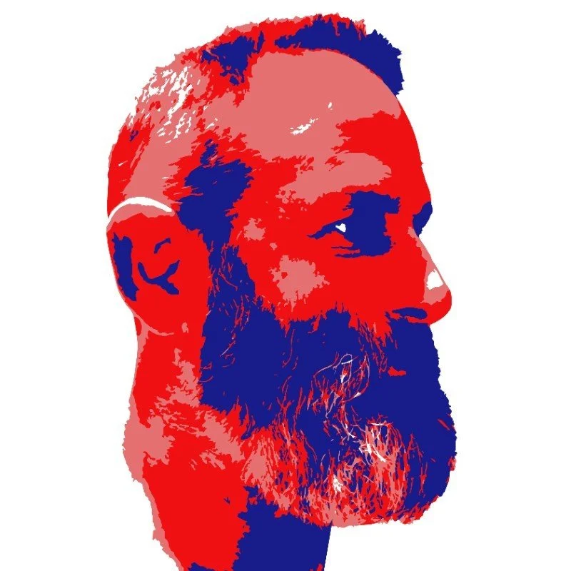 Digital artwork of a bearded man's face in profile, stylized with red and blue color blocks.