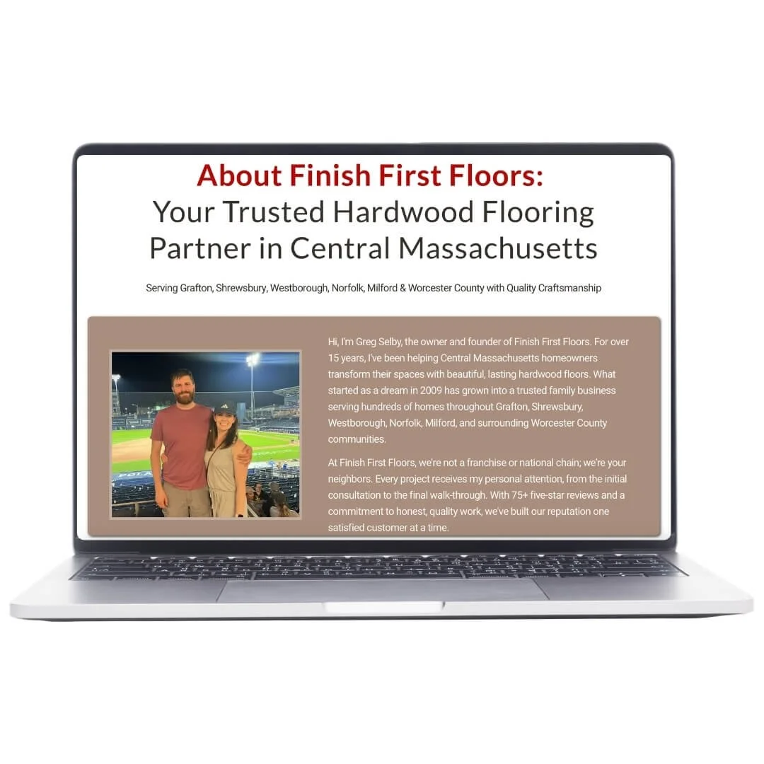 The About page on the Squarespace website redesign for Millbury based Hardwood flooring company.