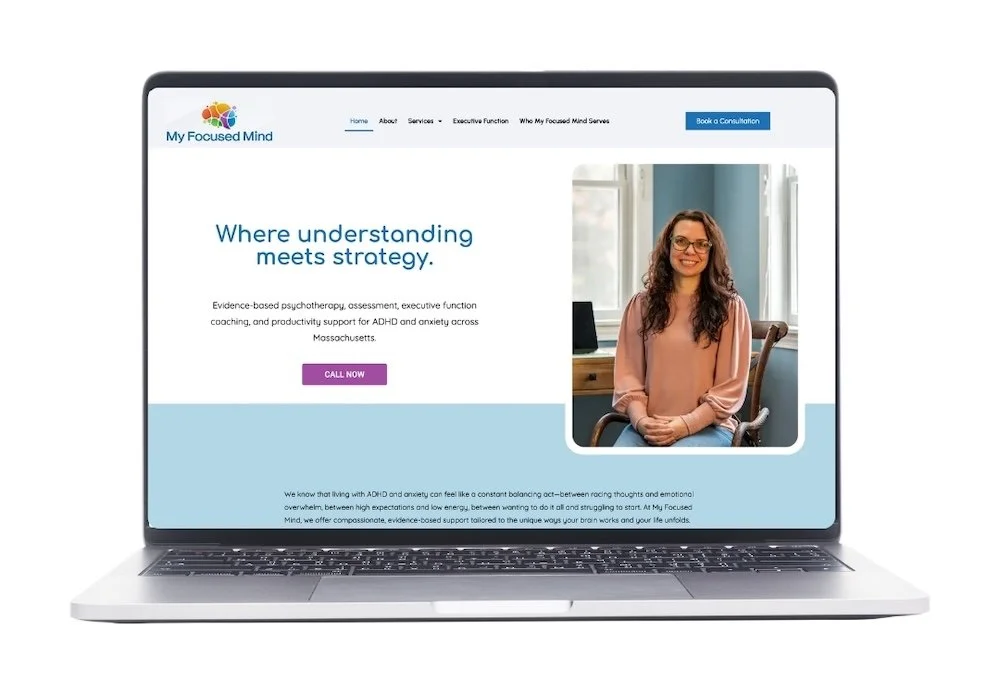 A laptop featuring the homepage for newly redesigned WordPress website using Elementor.