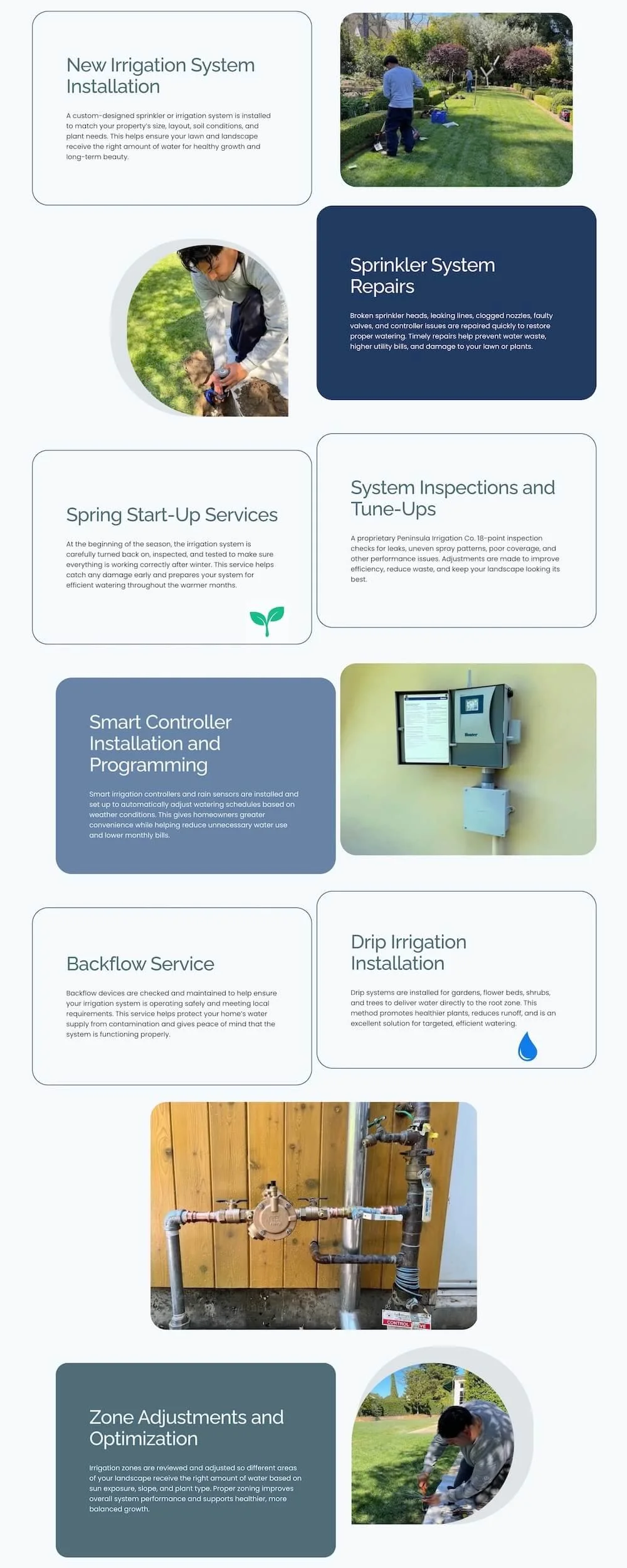 The Irrigation Services page uses a unique design of strategically placed service cards.