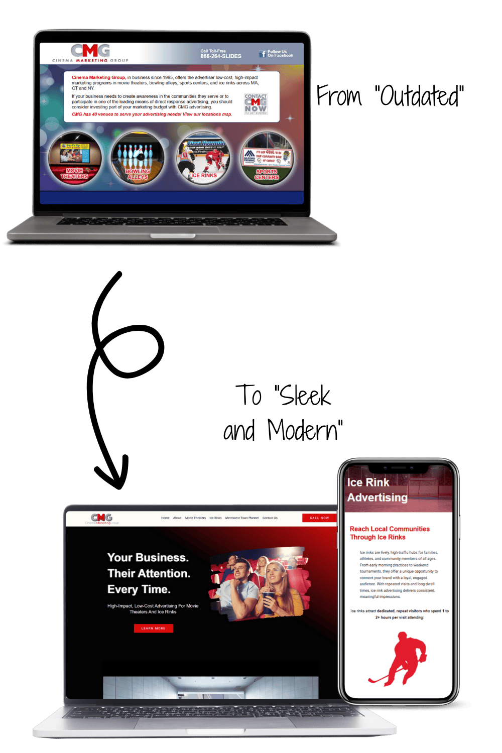 A before and after comparison of the website that Studio 3 Elm designed on WordPress for local business that needed to update an outdated website.