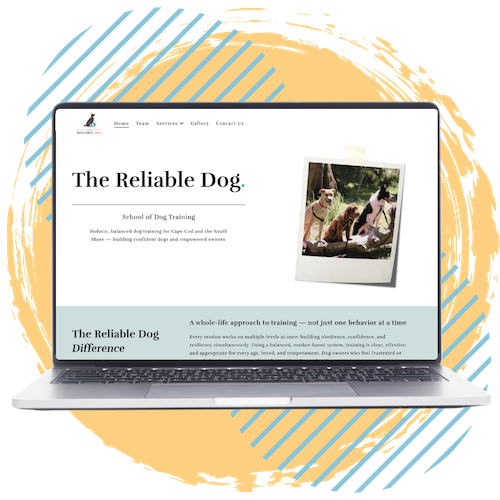 Laptop displaying the homepage for the Squarespace website for Cape Cod dog training business.
