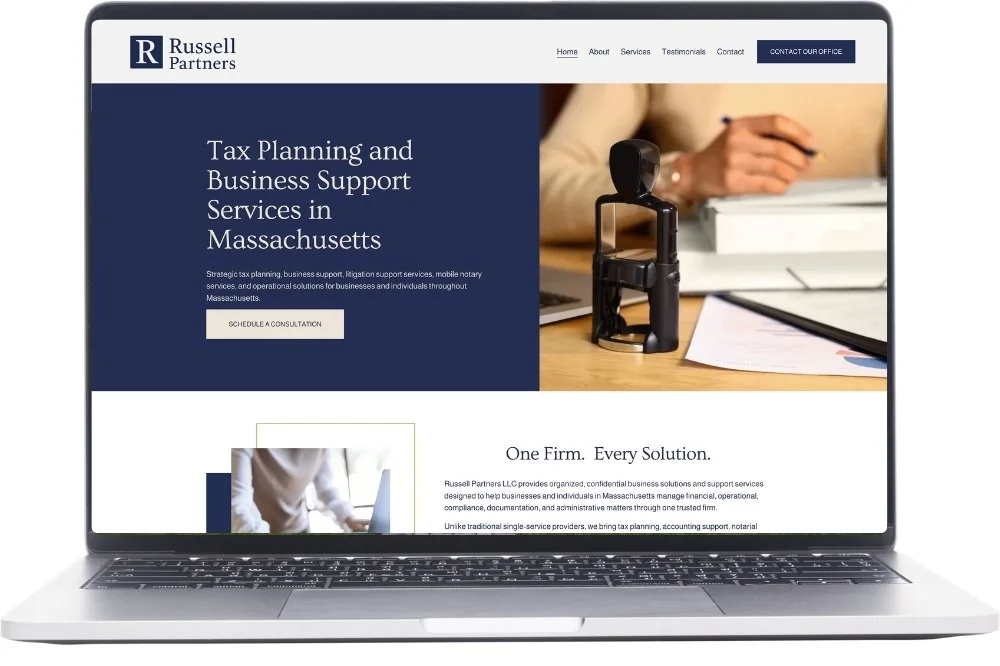 Laptop displaying the homepage of the newly completed website for a Newton, MA tax planning and business specialist.