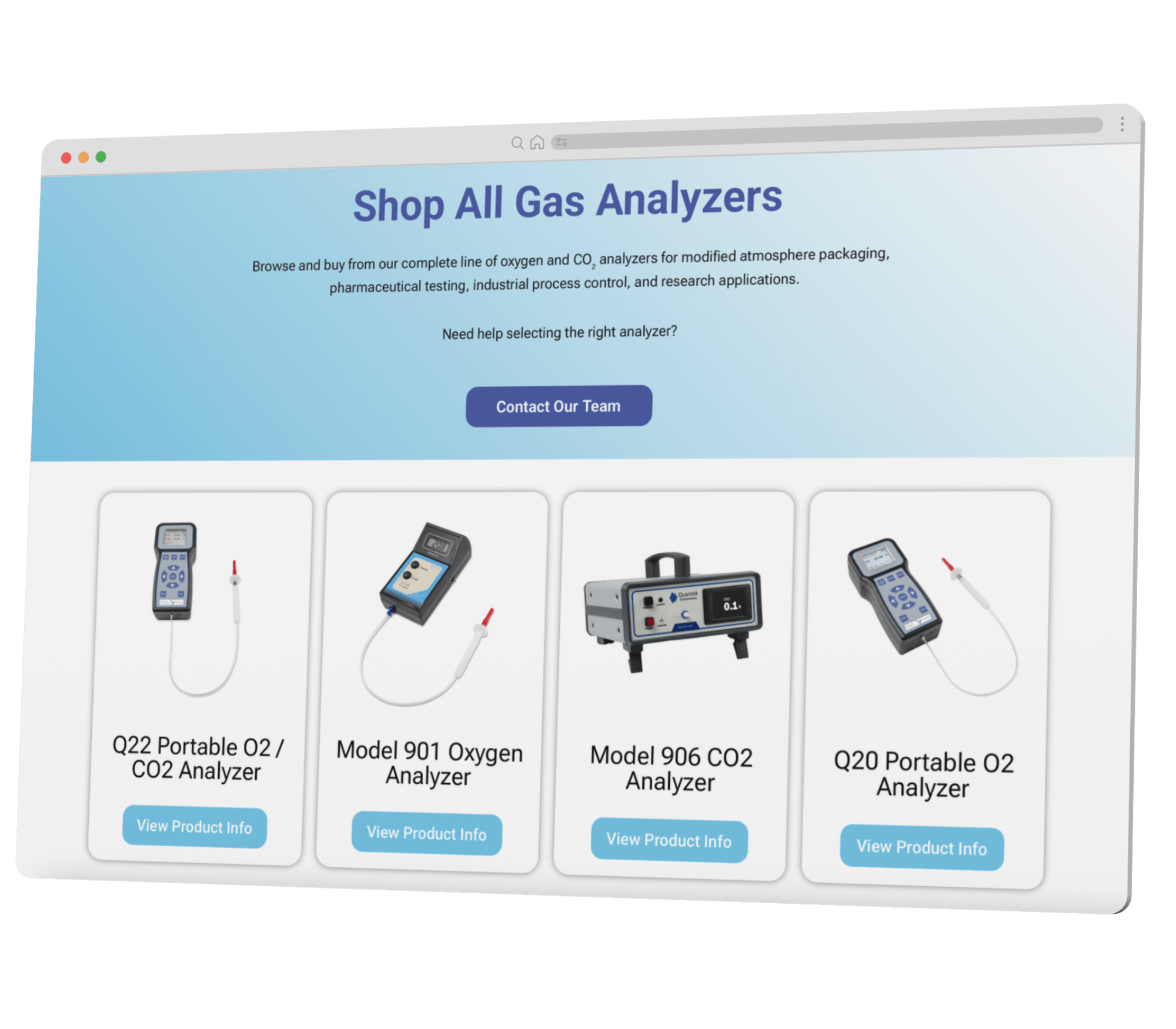 The Shop All Products WordPress Woocommerce page of the Quantek Instruments website is displayed on a computer screen.