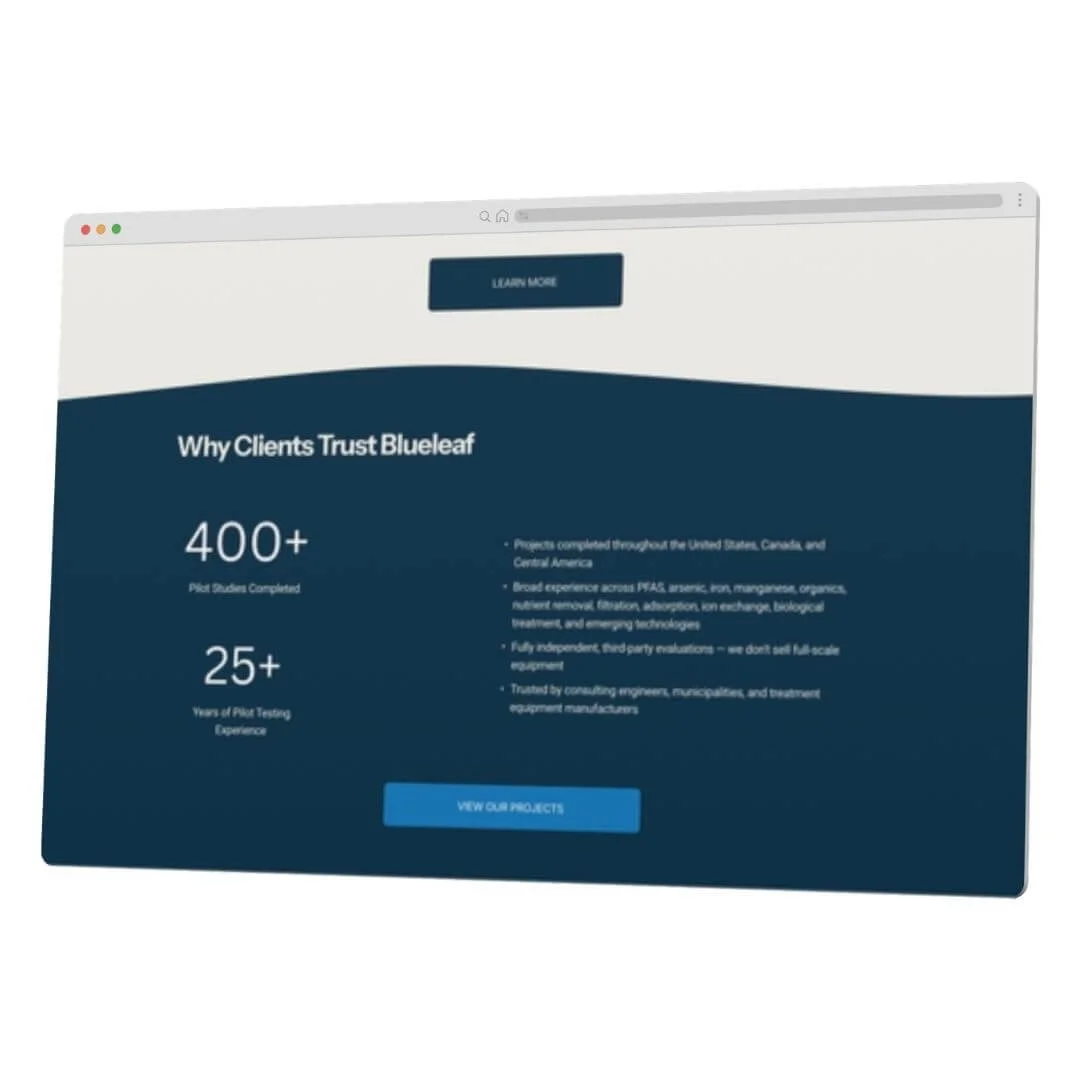 A website webpage with a dark blue background and white text that highlights the company’s experience in pilot testing and research, featuring a blue button that says 'View Our Projects'.