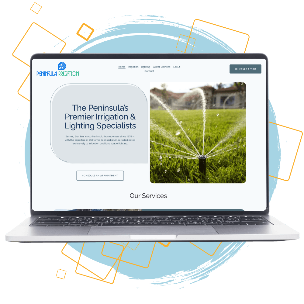 Laptop displaying the homepage of a website designed on Squarespace for Peninsula Irrigation Co.