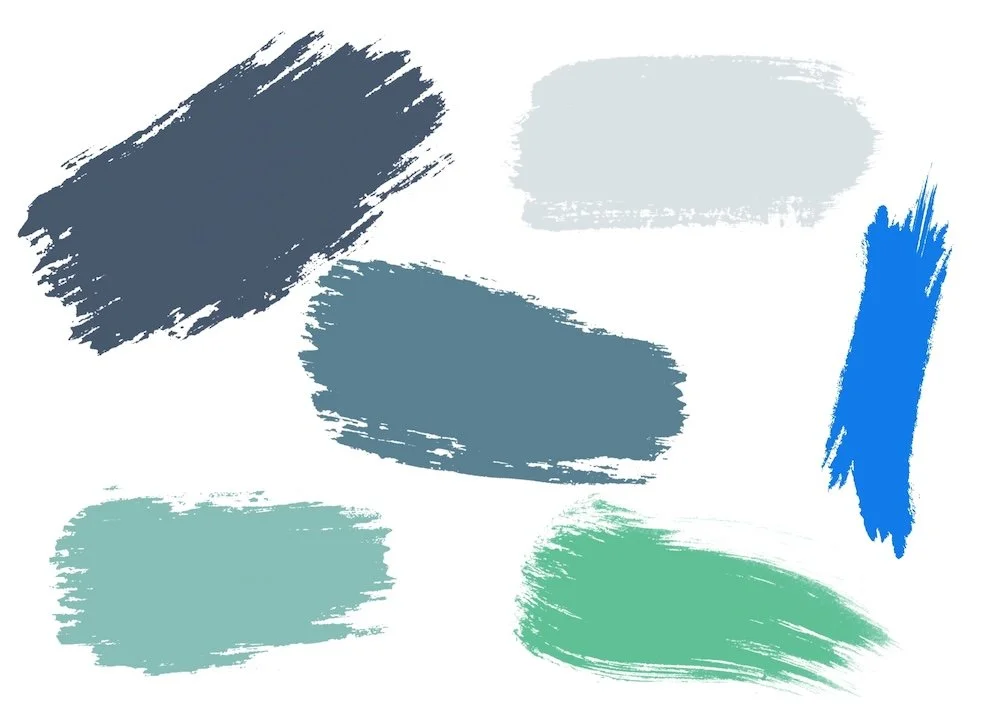 Five irregularly shaped paint swatches showing the color palette used for the Squarespace website design by Studio 3 Elm.