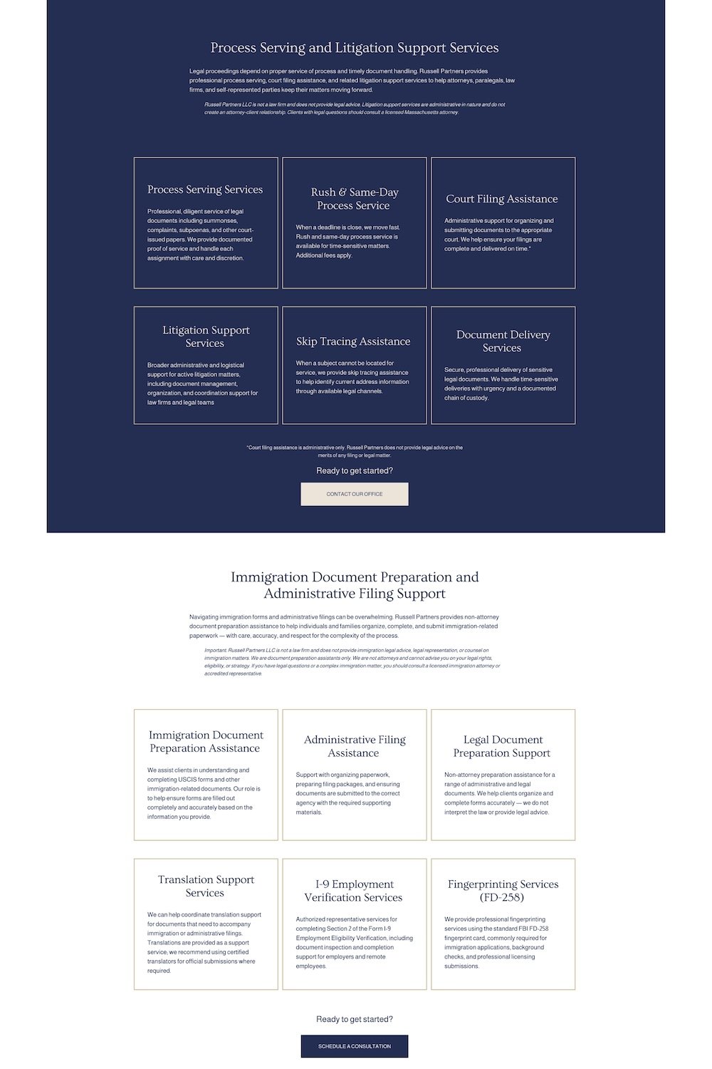 Uniquely designed services page for a process serving and immigration document specialist in Newton, MA.