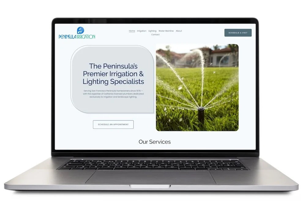 Laptop displaying the homepage of the new website for Peninsula Irrigation that was designed by Studio 3 Elm and built in Squarespace.