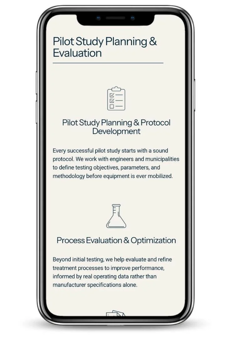 Smartphone screen displaying a webpage about pilot study planning, protocol development, and process evaluation.