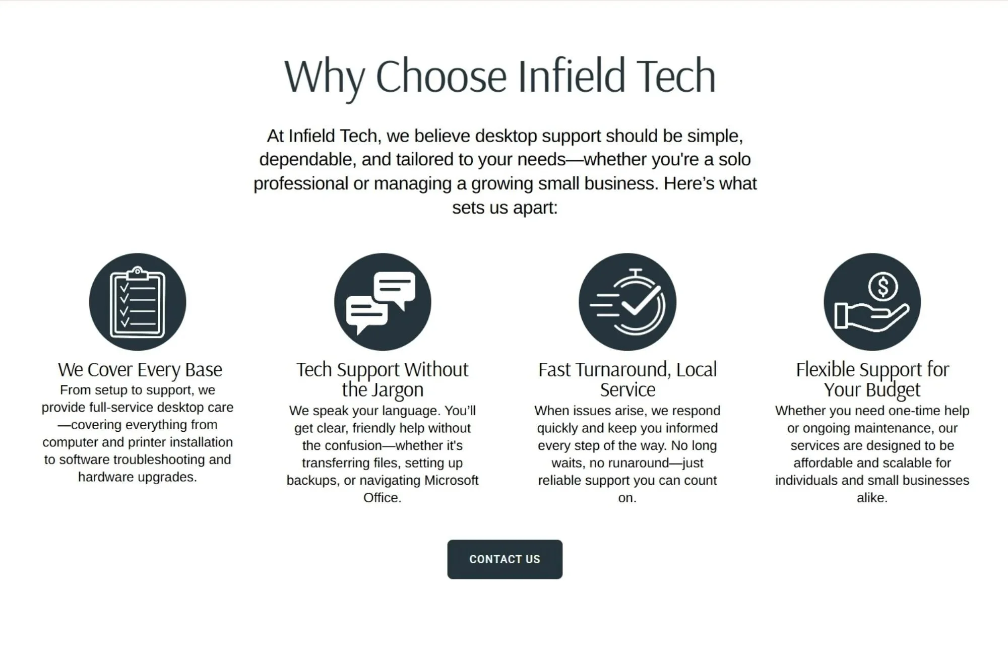 A clean, professional web design section example from the IInfield Tech project bdesigned by Studio 3 Elm.