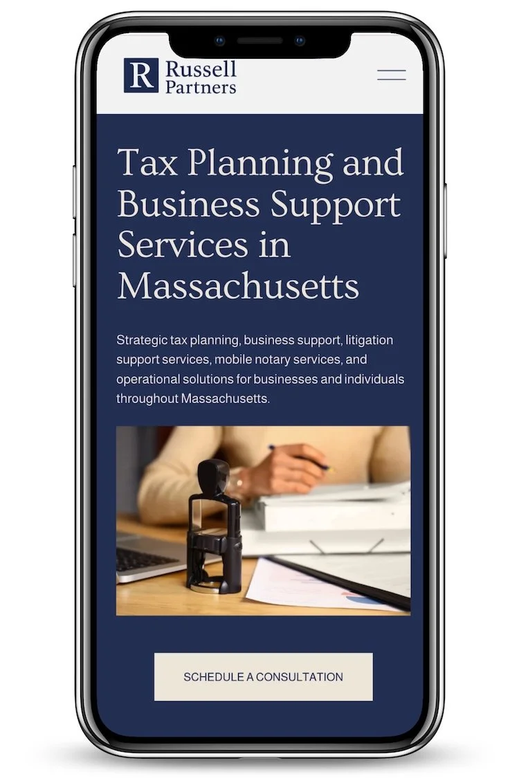 Mobile view of the homepage for recently designed Squarespace website for a Newton, MA tax planning professional.