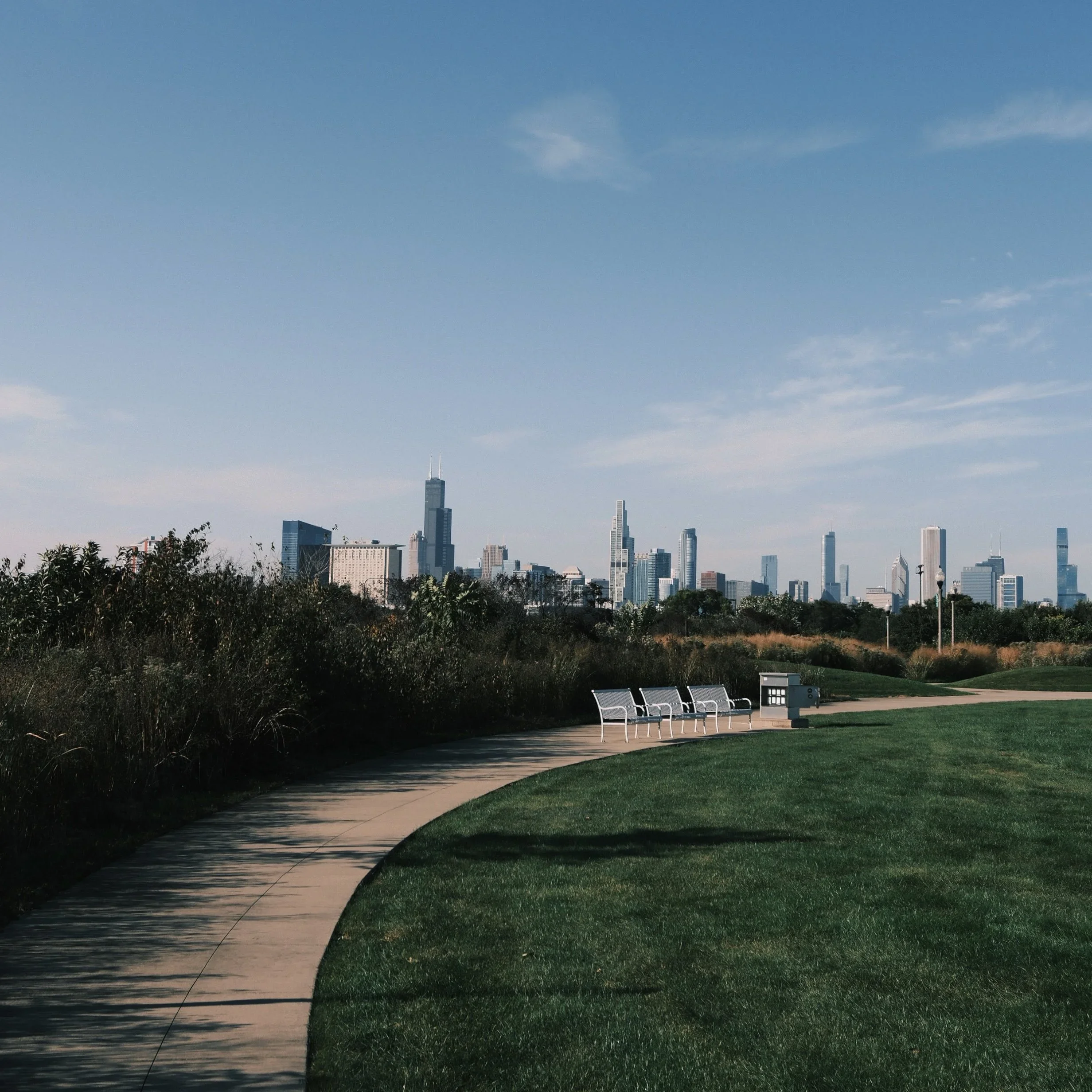 A curving path through the grass along the lakefront, skyline in the distance