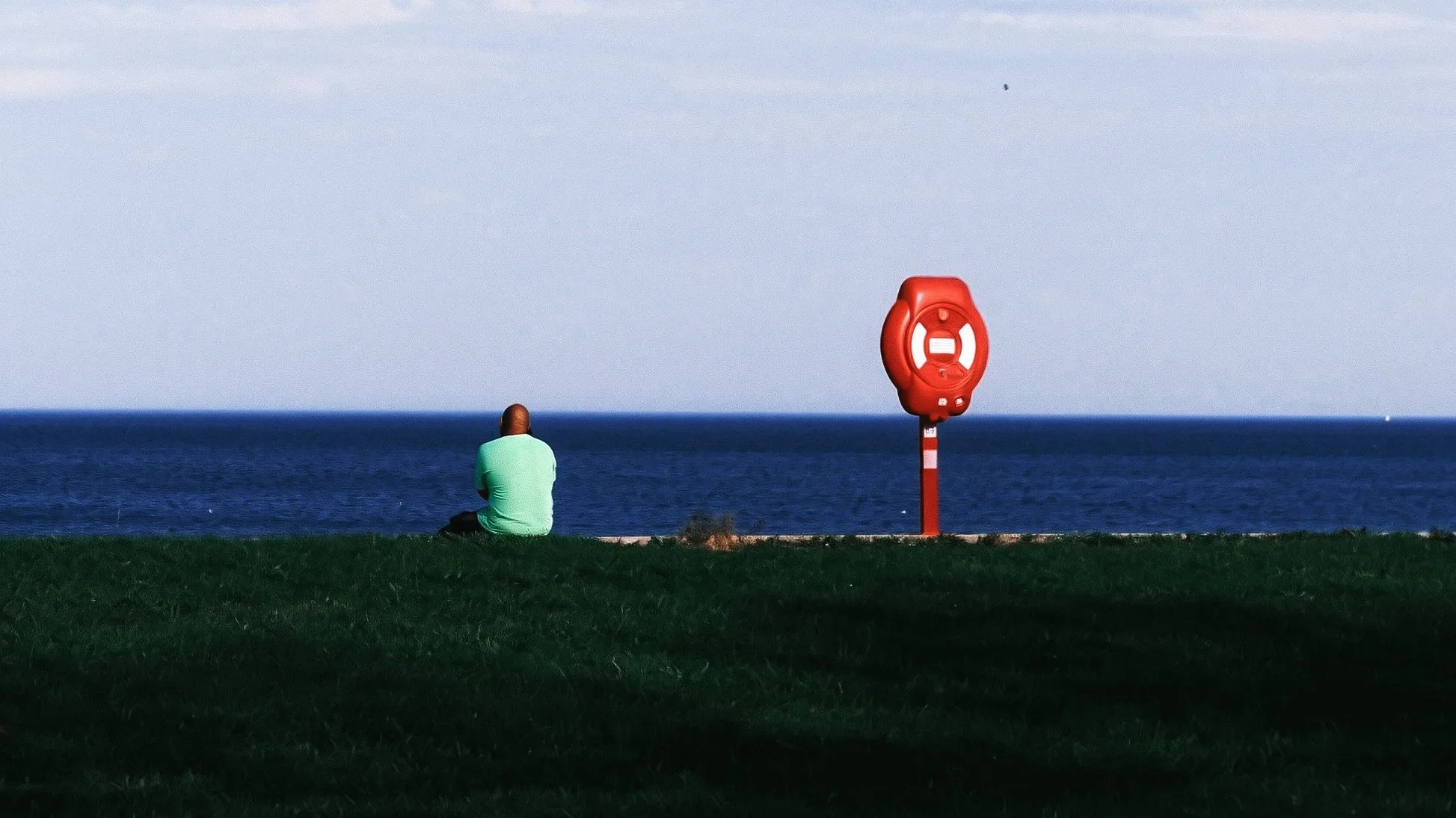 A person sitting on the grass next to a red life ring, looking out at the lake
