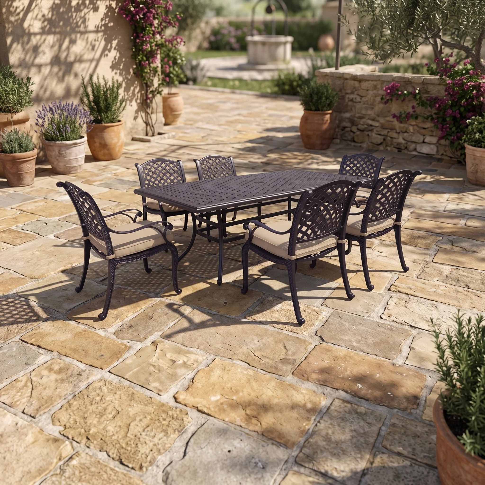 Castle Rock 7-Piece Aluminum Dining Set With 6 Cushioned Arm Dining Chairs