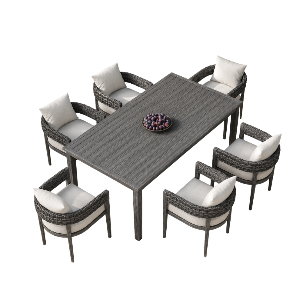 7 PCS Dining Set - Aluminum frame, Brushing finish, PE wicker weaving with olefin fabric cushions / SKU: F30US-12 / 30 Sets / $1,270.50 FOB CA
