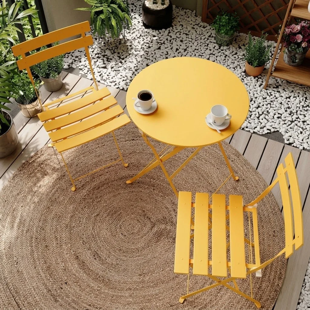 3-Piece Steel Folding Bistro Set / Model 10 / White: 184 Stocks | Sage Green: 829 Stocks | Yellow: 853 Stocks | Red: 288 Stocks | Blue: 683 Stocks | Black: 1404 Stocks / $66 FOB LA
