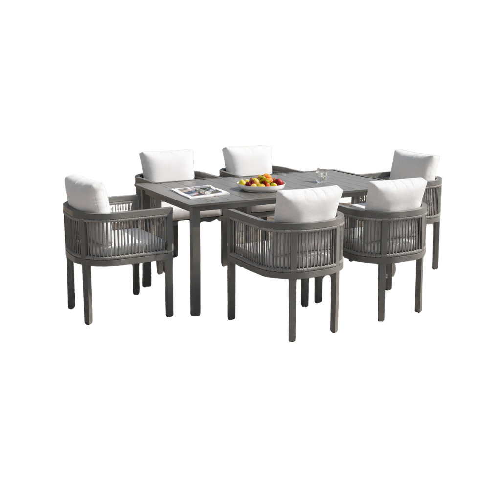 7 PCS Dining Set - Aluminum frame, powder coating finish, PE wicker weaving with olefin fabric cushions / SKU: F30US-10 / 15 Sets / $1,409.10 FOB CA