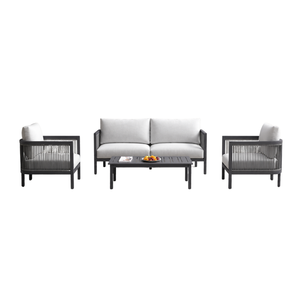 4PCS Sofa Set - Aluminum frame, powder coating finish, rope weaving,olefin fabric cushions / SKU: F30US-9 / 15 Sets / $1,276.80 FOB CA
